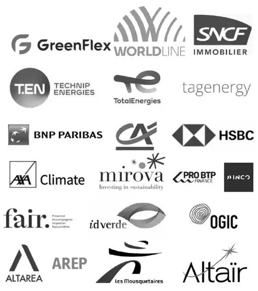 GreenFlex, Worldline, SNCF Immobilier, Technip Energies, TotalEnergies, Tag Energy, BNP Paribas, Crédit Agricole, HSBC, AXA Climate, Mirova, PRO BTP Finance, INCO, FAIR, idverde, OGIC, Altarea, AREP, Les Mousquetaires, Altaïr