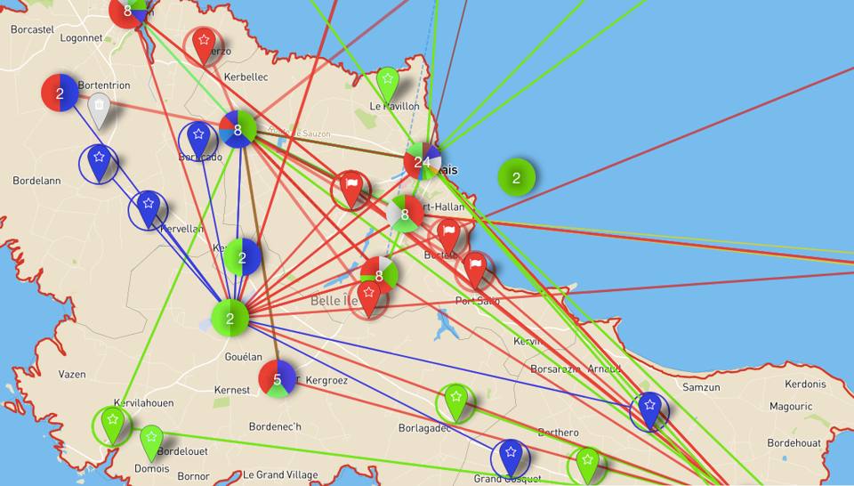 Screenshot of the Map In Action tool: Belle-Île projects and resources linked by coloured lines